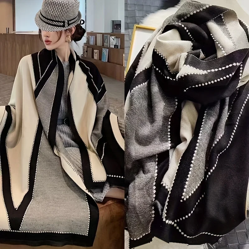 

Geometric Plaid Scarf Imitation Cashmere Soft Warm Short Beard Large Shawl Autumn Winter Coldproof Windproof Blanket Scarf