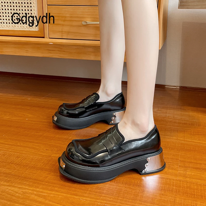 

Gdgydh Womens Mary Janes Comfort Loafers Platform Chunky Mid-Heel Classic Round Toe Slip-on Uniform Dress Shoes Goth Heels Metal