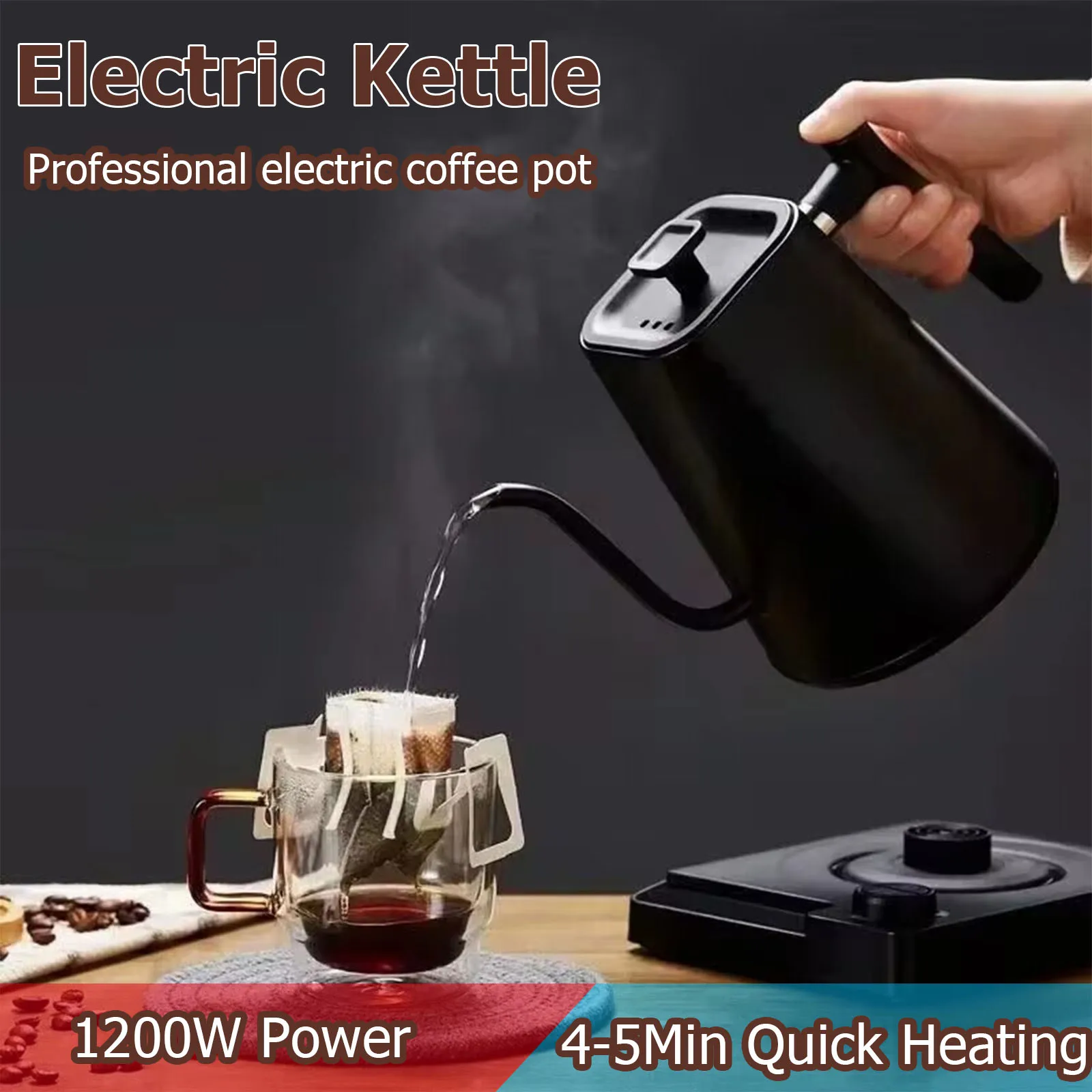 Gooseneck Electric Kettle Auto Shut-Off Black 1200 W Temperature Control Rapid Heating With LED Display 304 Stainless Steeel