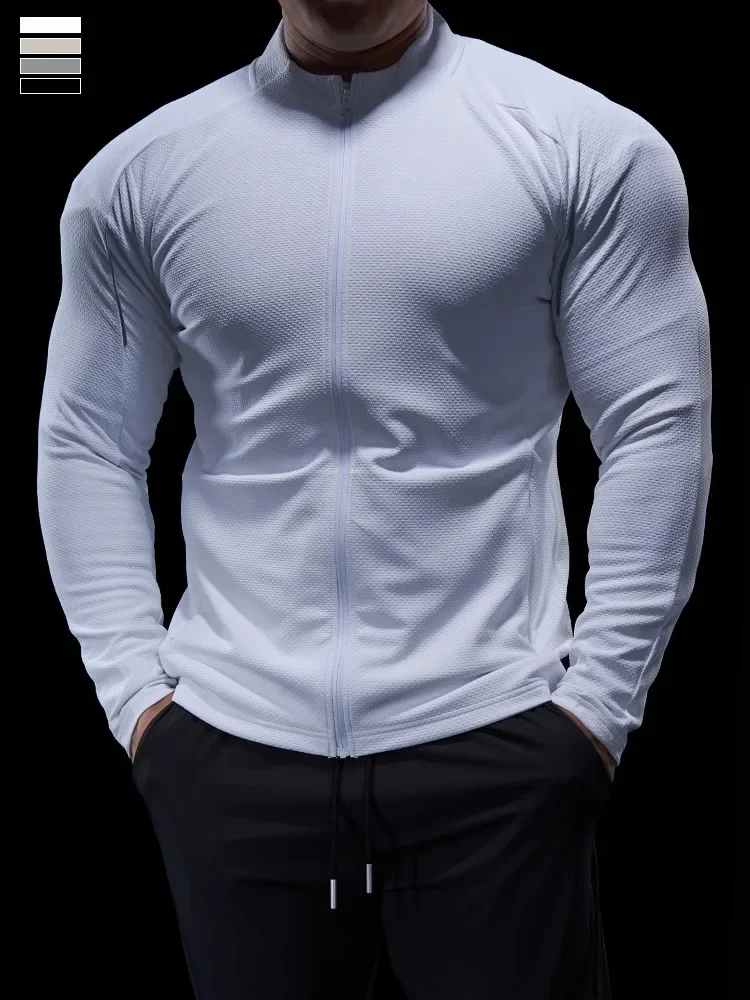 Sports Fitness Jacket Men Autumn Elastic Quick-drying Slim Long-sleeved Gym Training Clothes Outdoor Running Stand-up Zipper Top