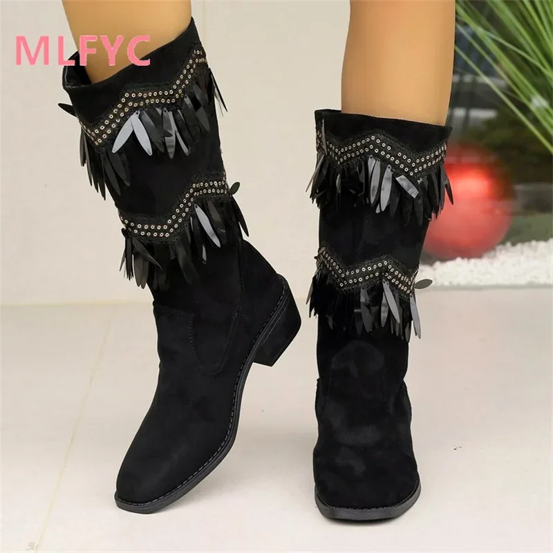 Women's Foreign Trade Winter New European American Beaded Tassels Western Boots Pointed Thick Heel Long Sleeve Women's Boots