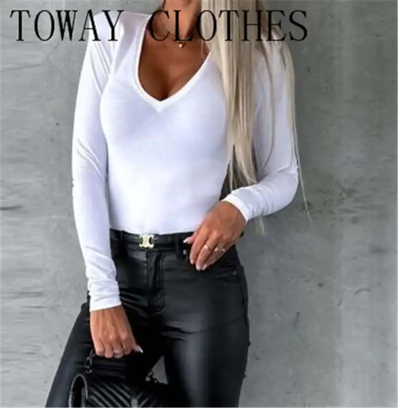 

Summer Autumn Women Chic Deep V Neck Long Sleeves Basic Blouse Top