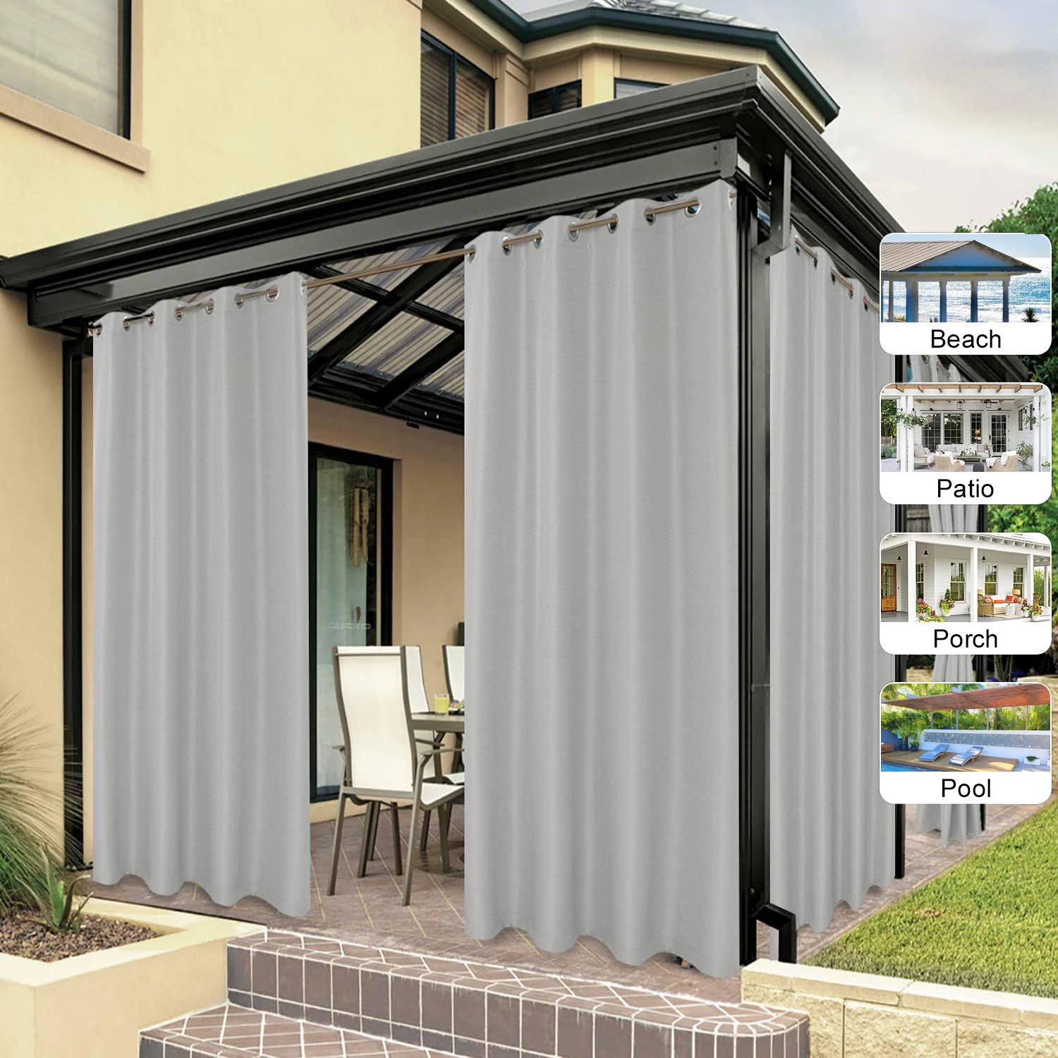 1pc Waterproof and Sunproof Outdoor Curtains for Gazebo, Patio and Deck, Blackou