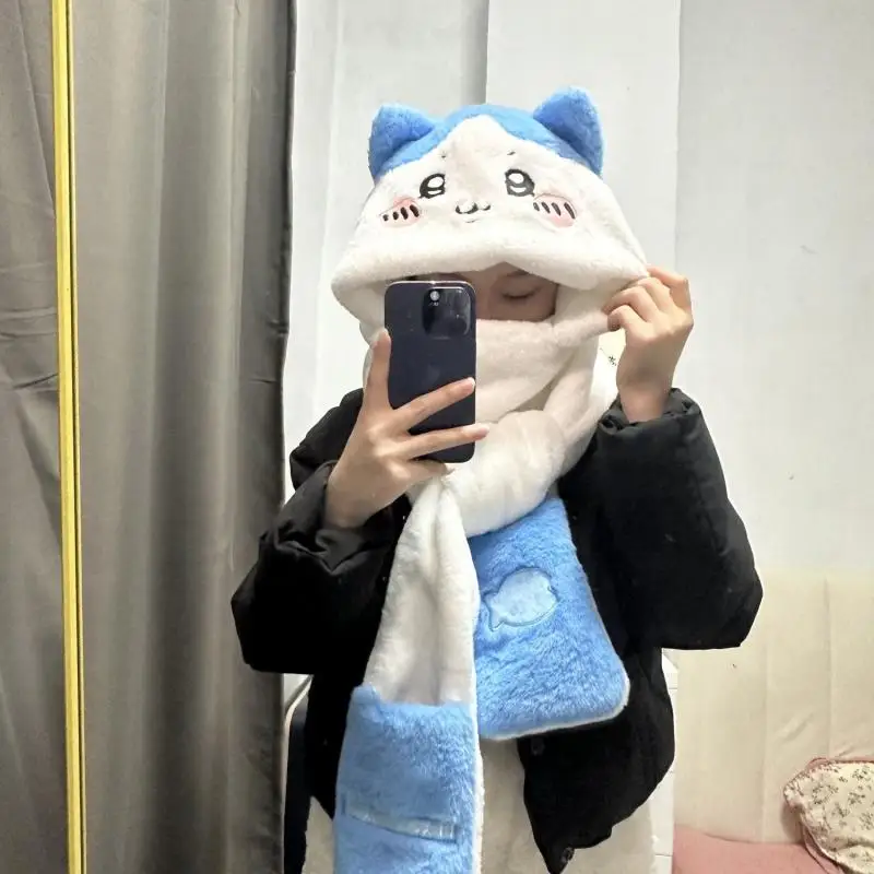 Anime Chiikawas Plush Hat Scarf Gloves Three-In-One Kawaii Hachiware Usage Winter Cold Warmth Thick Cartoon Plush Toys Girl Gift