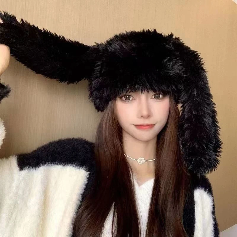 Cute Rabbit Ear Plush Beanies Cap Women Girl Winter Warm Cartoon Ear Protection Hat Korean Lamb Fleece Pullover Cap Bonnets 2