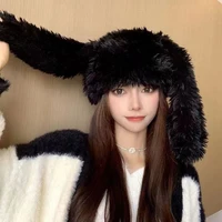 Cute Rabbit Ear Plush Beanies Cap Women Girl Winter Warm Cartoon Ear Protection Hat Korean Lamb Fleece Pullover Cap Bonnets 2