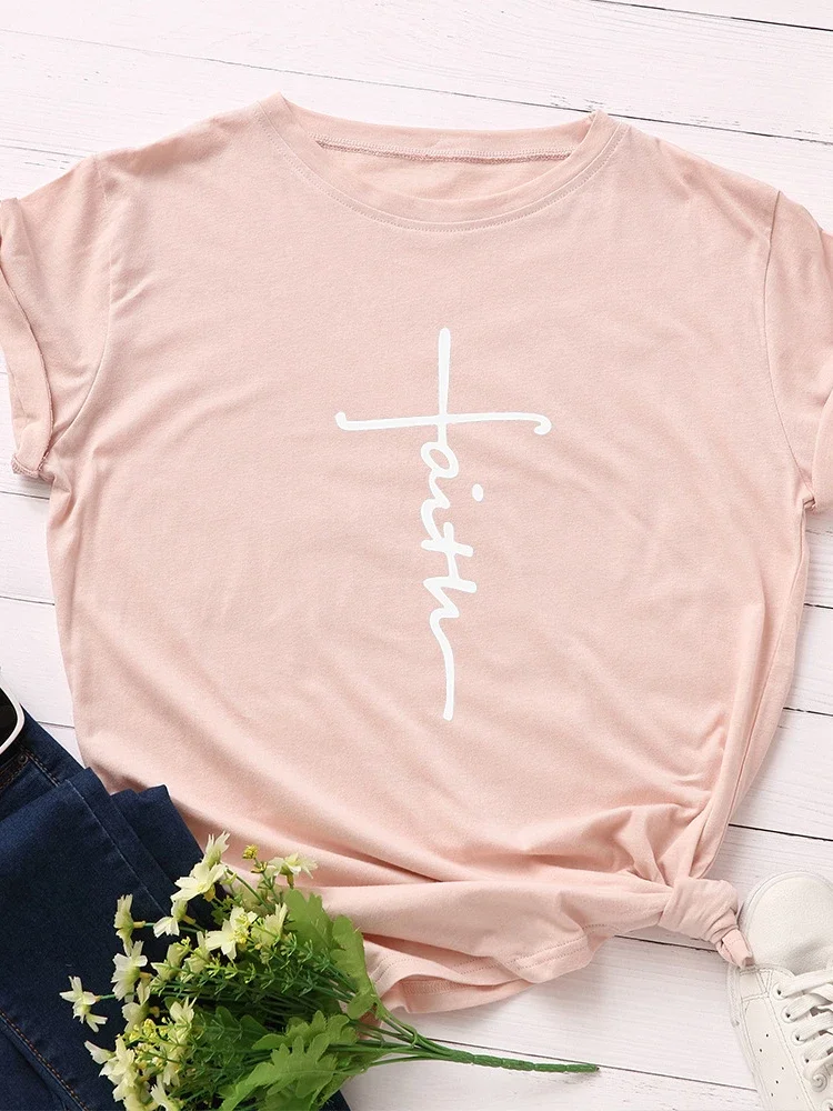믿음 편지 인쇄 여성 T 셔츠 반소매 O 넥 느슨한 여성 Tshirt 숙녀 티 셔츠 탑스 의류 Camisetas Mujer