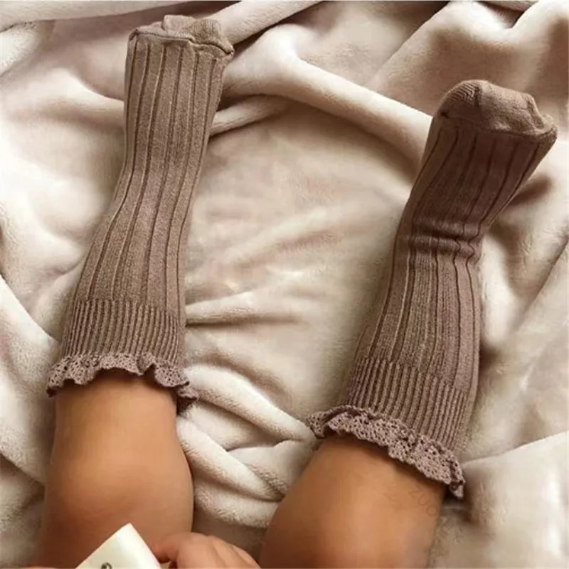 Kids Socks Ruffle Knee High Soft Cotton Solid Lace Flower Children School Uniform