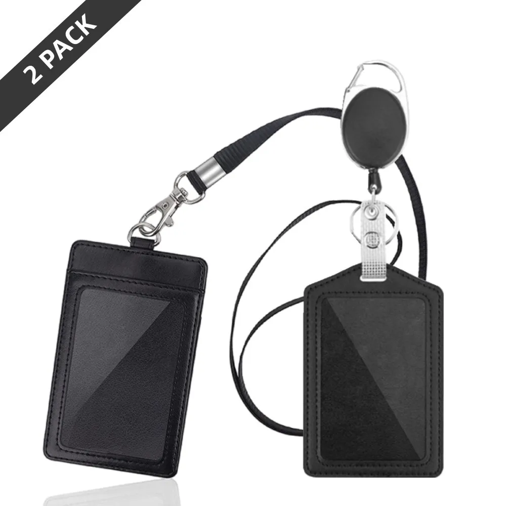 

2 Pack PU Leather ID Badge Holder Outdoor Zinc Alloy Retractable Badge Reel with Detachable Neck Lanyard Strap Card Holders Set