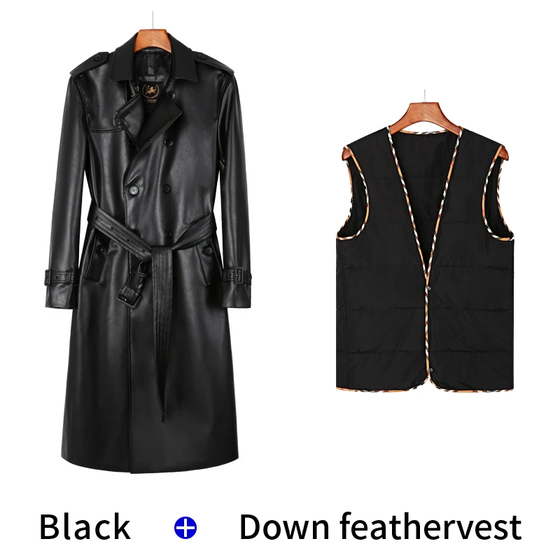 men's leather trench coat long knee length double breasted classic