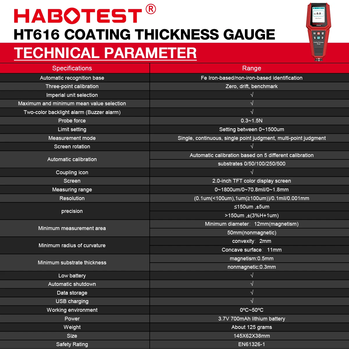Paint Thickness Gauge HABOTEST HT616 Car Coating Thickness Gauge 0-1500UM Car Film Paint Thickness Tester Measurement Save calibration data in groups paint coating meter,paint thickness gauge,thickness gauge,wet film thickness gauge