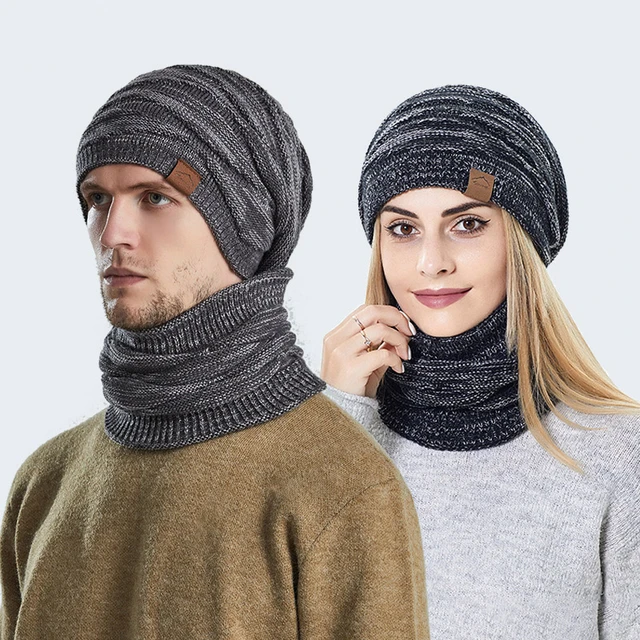 Bonnet d'hiver tricoté pour femmes et hommes, écharpe chaude en laine  épaisse, masque, ensemble de 2 pièces - AliExpress