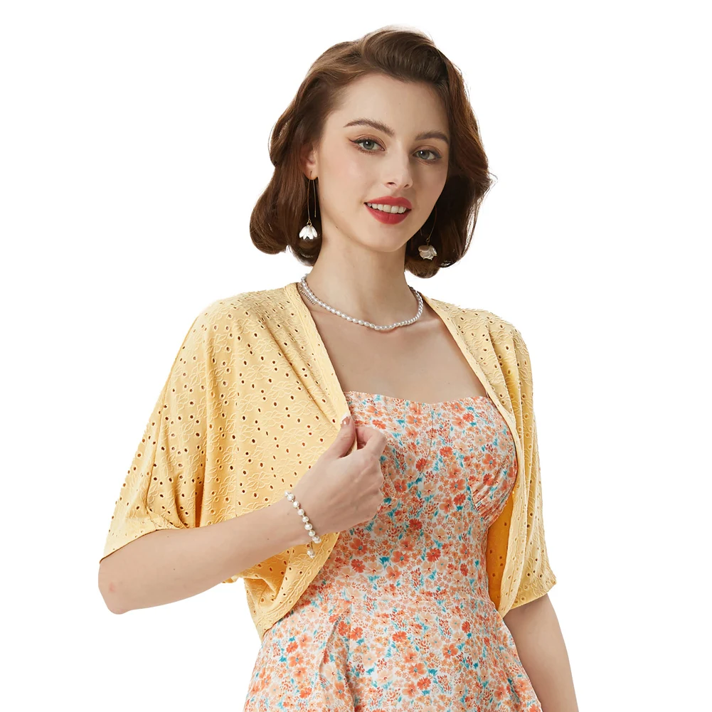 BP Women Vintage Retro Hollowed-out Bolero 1/2 Sleeve Open Front Irregular Hem Shrug Tops Casual Fashion Summer Short Coats