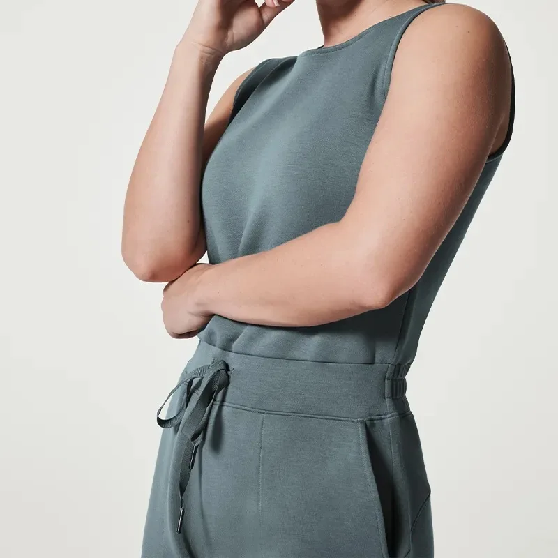 Air Essentials Jumpsuit 2023 Summer New Elegant Versatile Slim Sleeveless Solid Color Commuter Belted Wide Leg Pant Romper