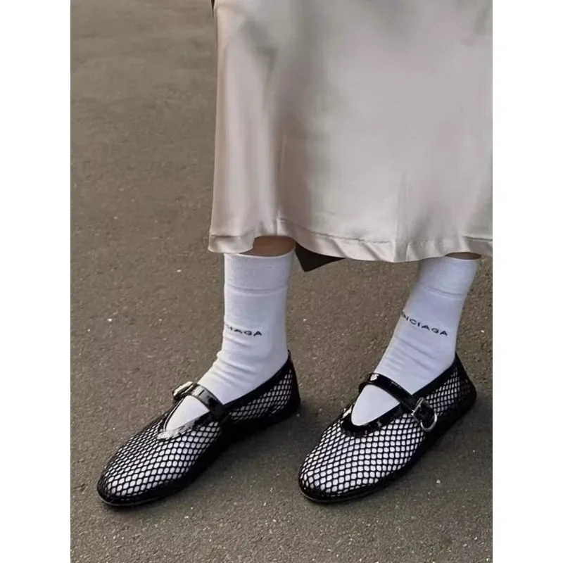2024 Ballet Flat Shoes Woman Mesh Hollow Outs Mary Jane Flats Black Loafers Summer Walking Footwear Size 42