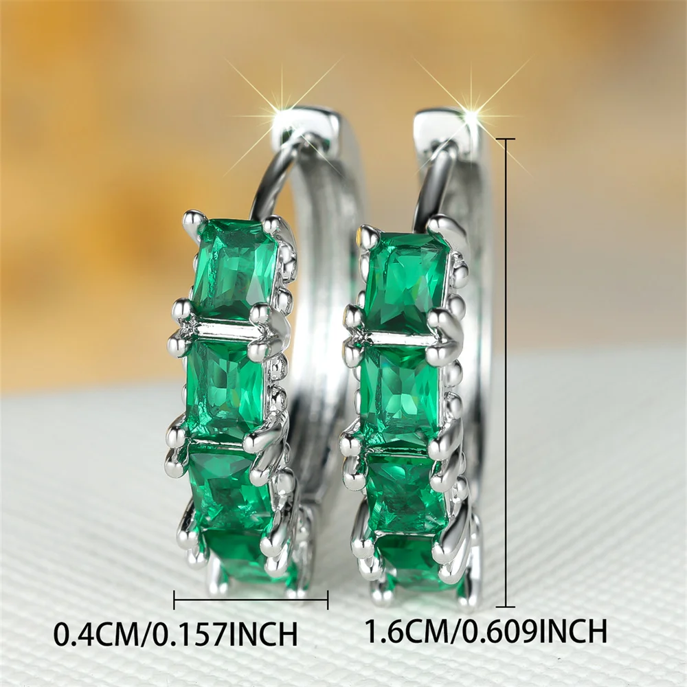 Fashion Green Crystal Zircon Geometric Stone Hoop Earrings For Women Vintage Silver Color Small Ear Buckle Wedding Jewelry Gifts