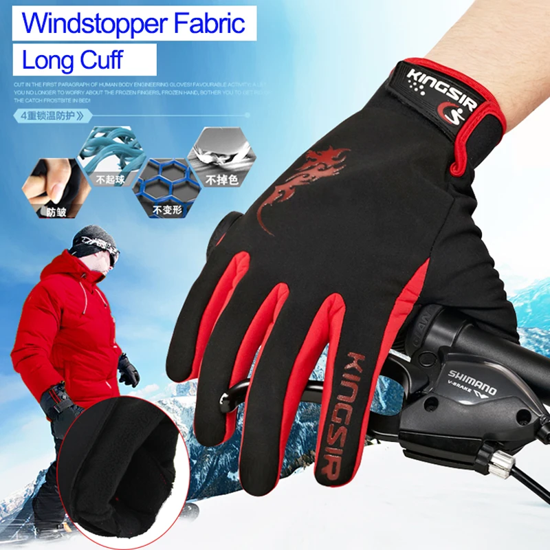 

High quality KINGSIR Winter warm Bike Racing Gloves Full Finger Men MTB Cycling Gloves suit for 8 degrees ciclismo M/L/XL/XXL