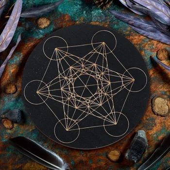 Scheda a pendolo cubo di Metatron Sfondo nero Rotondo in legno Magia Meditazione Decisione Piatto Stregoneria Wiccan Forniture Strumento