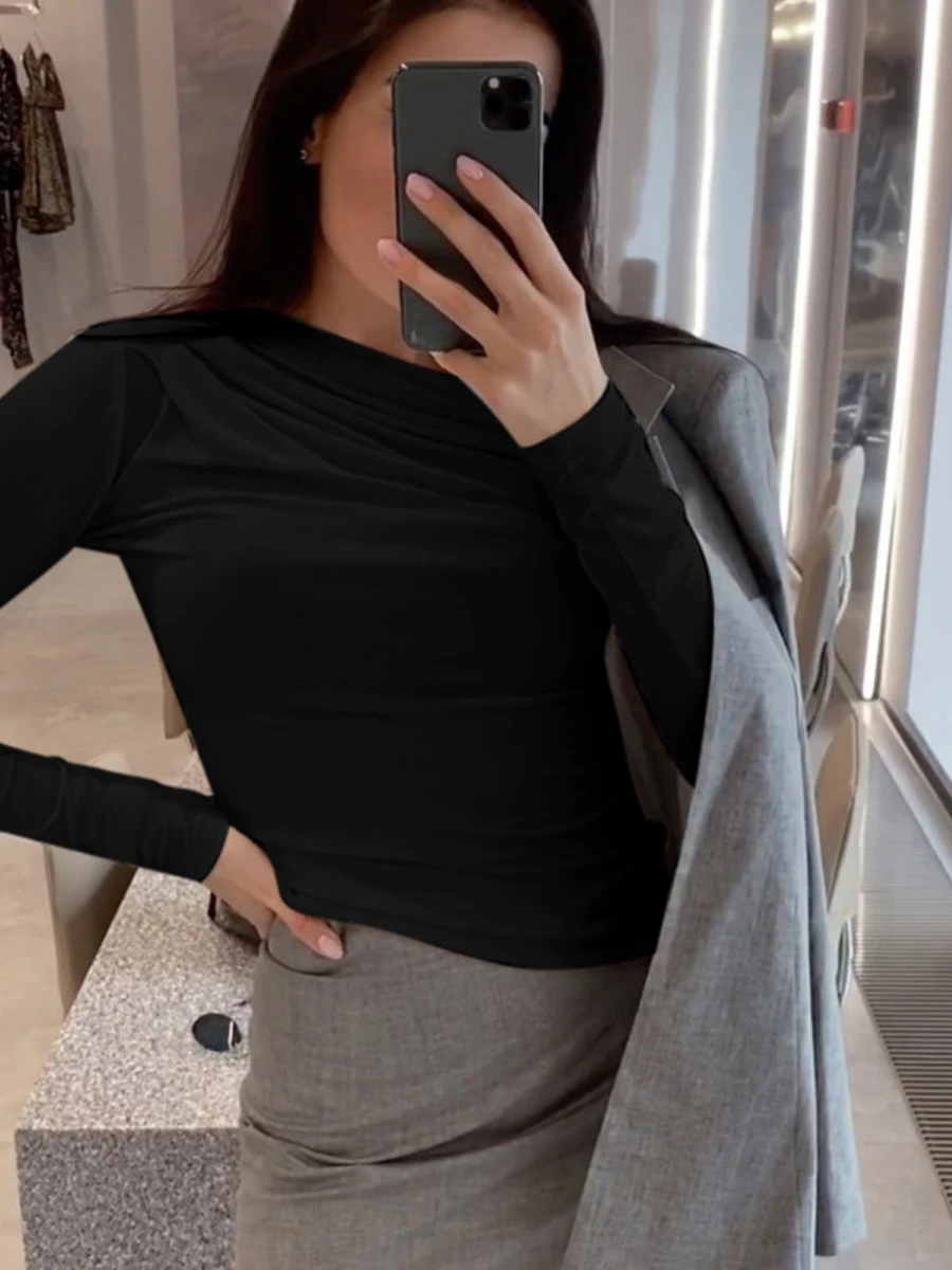 Bornladies Basic Slim Fit T-shirt Women's Versatile O-Neck Pleated Long Sleeved Base Shirt  Fashionable Ladies Solid Color Top