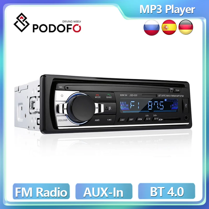 Автомобильный радиоприемник Podofo, стерео-приемник с радио, AUX-In, Bluetooth, 60 Вт x 4, Типоразмер 1 DIN