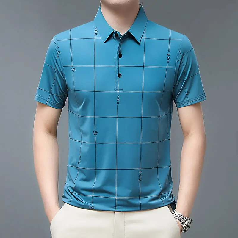 

New Short Sleeve 2023 Summer Polo Shirts for Men Ice Silk Quick Drying Breathable Plaid Striped Printing Casual Fashion Tops