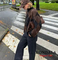 KONDALA Rhombic Knitted Pullover Sweater OR Skirt Women Spring Vintage Casual Loose Sweater 2025 Fashion Elegant Ladies Sweater - Image 4