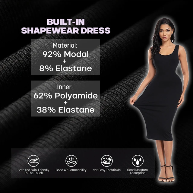 Women Built in Shapewear Maxi Dress Body Shaper Under Dress One Piece Tummy Control Knee Length Skirt Dresses Shapewear 4