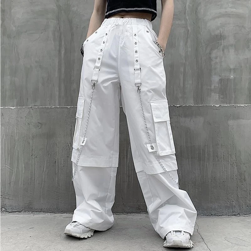 Pantalones Cargo blancos de estilo Hip Hop para Mujer, pantalón informal múltiples bolsillos, moda urbana, J185|Pantalones pantalones capri| - AliExpress