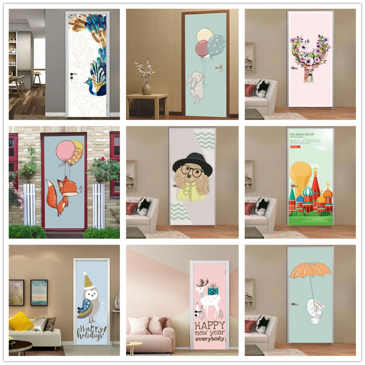 Cartoon-Animal-Door-Stickers-Kawaii-Illustration-Wallpaper-Decal ...