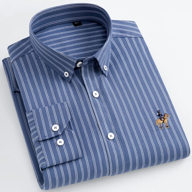 Men's 100% Cotton Oxford Striped Shirt Tops Casual Long Sleeve Shirt Embroidery Regular-fit Button-down Collar Thick Work Shirts