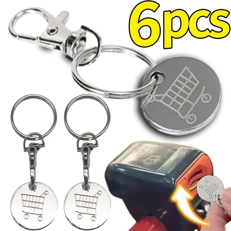 Key Rings 1/6Pcs Trolley Tokens Keychains Universal Small Metal Stainless Steel Portable Shopping Cart Tokens Key Ring Ornament Decoration