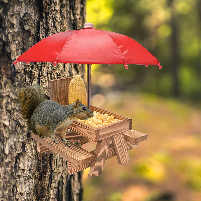 Wooden Squirrel Feeder Bird Squirrel Feeder Creative Pet Dining Table With Bench Hanging Feeding Table Mini Umbrella Ornament bird feeder pet water feeder