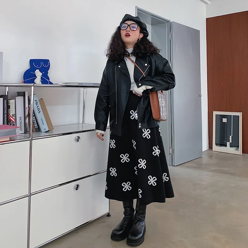 Dazi 황금 큰 봄 새로운 오토바이 가죽 코트 긴 소매 정장 칼라 흑백 2 색 느슨한 튀김 거리 겉옷 여성 의류