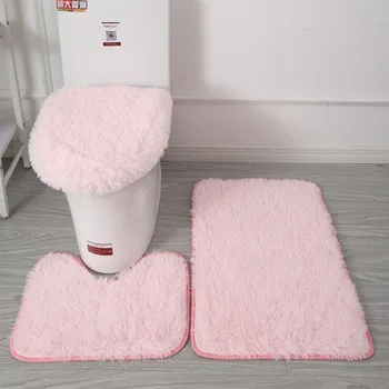 3pc Bathroom Set Rug Mat Toilet Lid Cover Plain Solid Color Bathmats Rugs Kit Non-Slip Fluffy Home Carpets For Bathroom 1