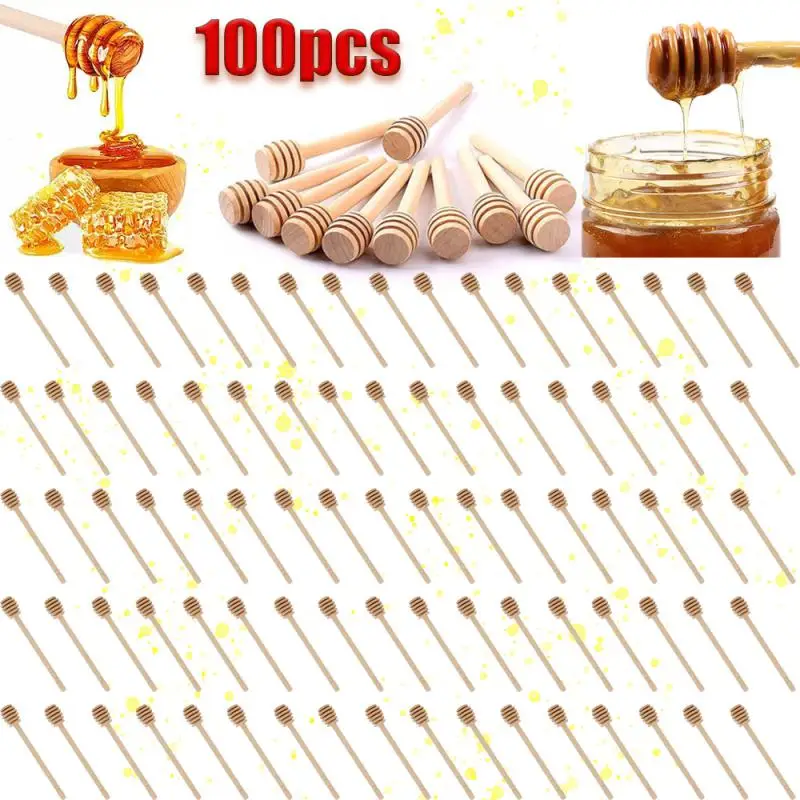 

High Quality Honey Stir Bar Mixing Handle Jar Spoon Practical 100Pc Wood Dipper Honey Long Stick Supplies Honey Kitchen Tools