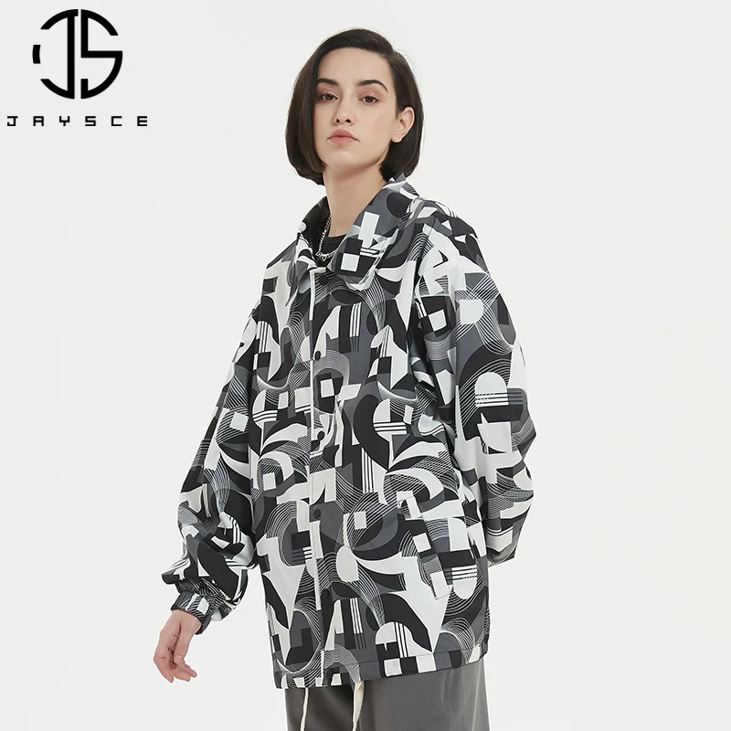 

JAYSCE Ladies Autumn Fashion Striped Graffiti Sports Jacket Outdoor Casual Plus Size Loose Coat Simple K-Pop Style Hoodie