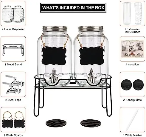 1 Gallon Glass Water Dispenser with Stainless Steel Spigot + Marker &  Chalkboard, & Ice Cylinder - 100% Leakproof Beverage Dispenser Mason Jar  Drink