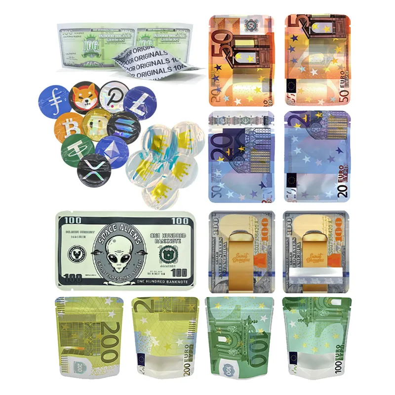 

100 Pack Plastic Bag Money Euro Bills Dollars Design Aluminum Foil Resealable Ziplock Food Storage Snack 3.5g Candy Gummies Bags