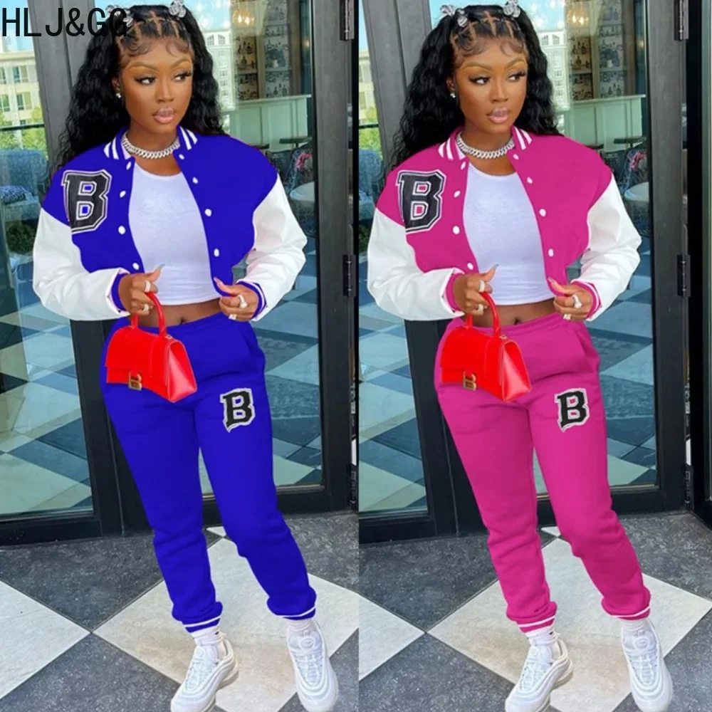 HLJ&GG Autumn Winter Casual Patchwork Baseball Jacket Two Piece Sets Women Printing Long Sleeve Coats And Jogger Pants Outfits jackets diamond shaped jacquard coats sweatshirts pants outfits plaid sportswear men s baseball uniform lightweight jersey sets