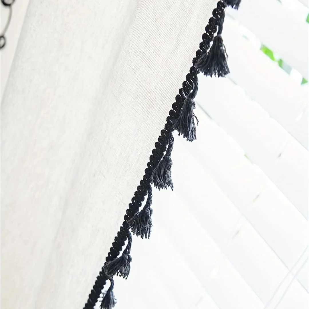Black tassel curtains, semi shading geometric farmhouse, Bohemian style cotton and linen dimming curtains 1PC 4