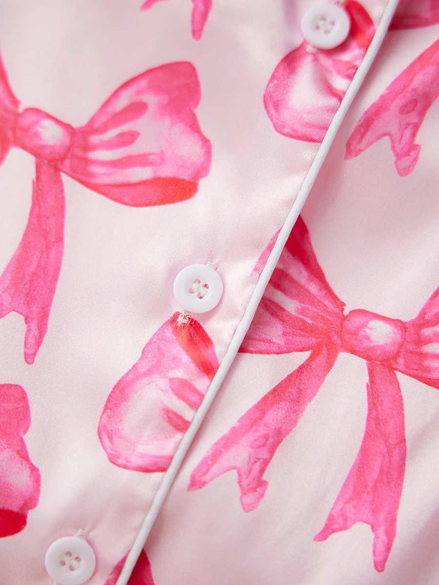 Women s Cozy Autumn Pajama Set with Cute Bow Print Soft Button Down Top and Matching Pants for Lounging 2 Piece Set for Fall