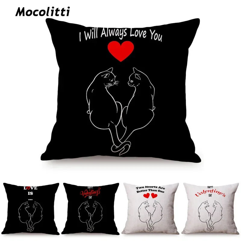 

Black White Simple Couple Cat Style Sofa Decoration Throw Pillow Case Letter Cartoon Animal Cotton Linen Cushion Cover cojines
