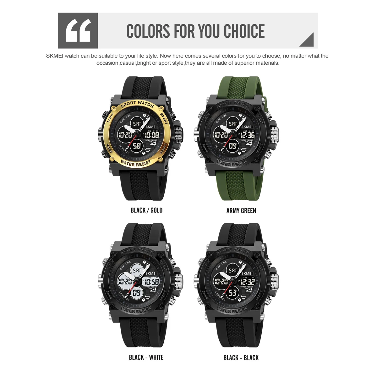 SKMEI Military Sport Men's Watches Fashion 3Time Quartz Wristwatch Digital Chronograph Date Alarm Waterproof Watch Male Clock