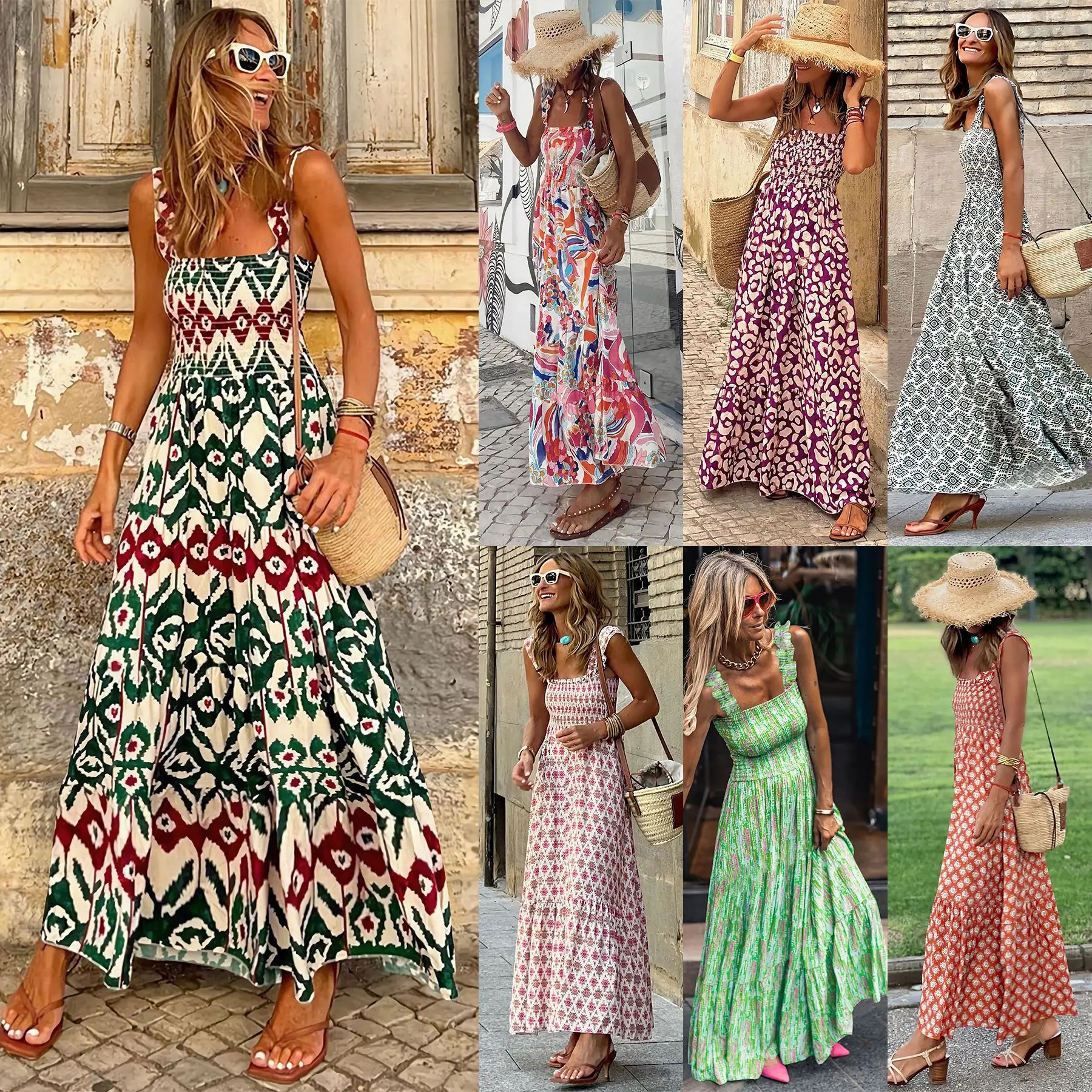 

2024 summer women's elegant printed elastic suspender skirt vacation style French floral suspender long dress