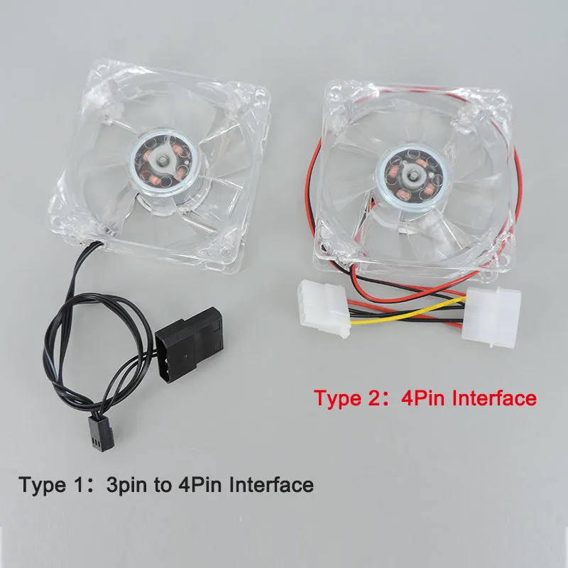 DC 12V 8025 8cm transparent Four colorful 4pin LED Case Brushless Cooling Fan 8080x25mm 8025S 3pin to 4Pin Cooler PC Computer