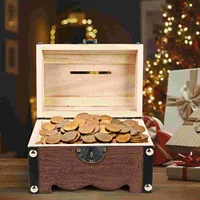 Vintage Treasure Chest Storage Box Wood Piggy Bank Cover Metal Exquisite Decoration 2