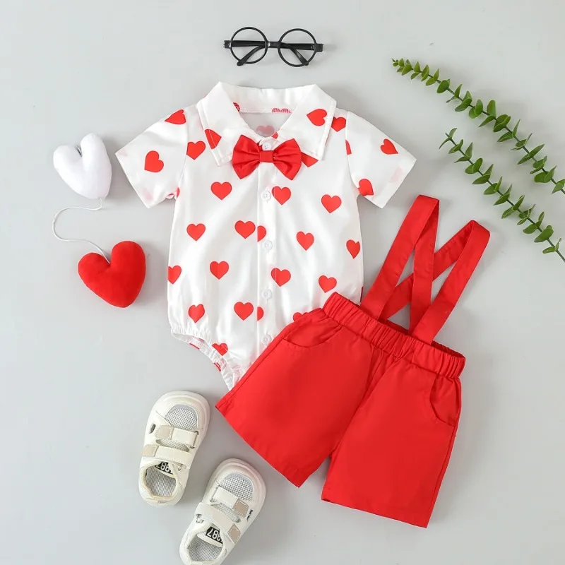 

2024 Spring/Summer New Valentine's Day Boys Children Gentleman Suit Short Sleeve Heart Print Romper Bib Pants Two-Piece Set