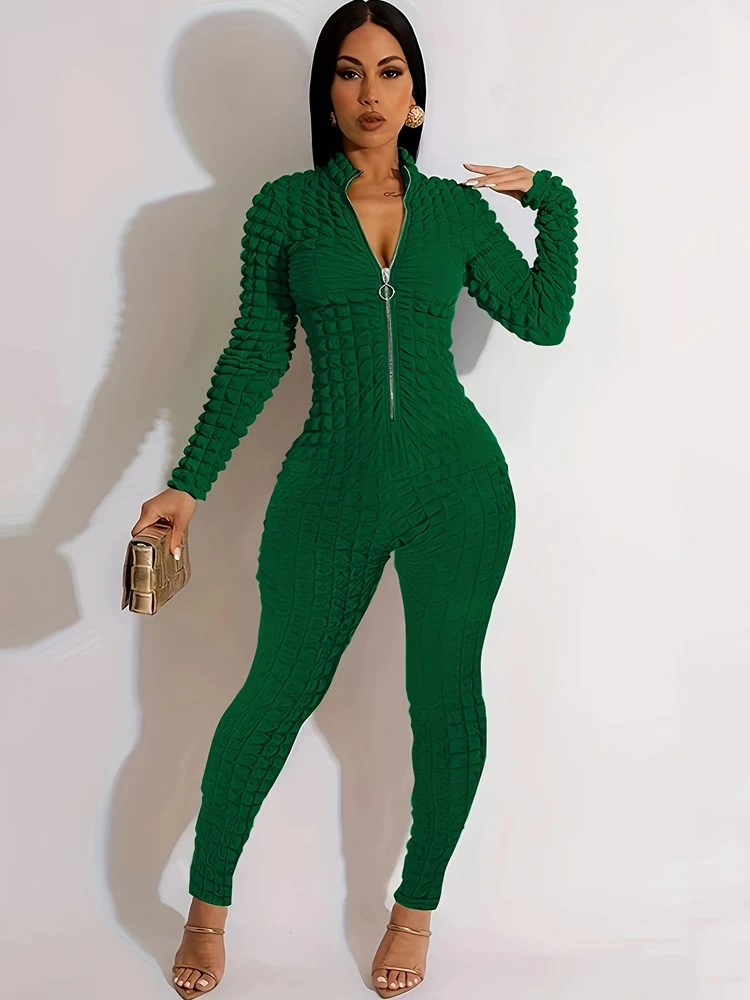 Modische Jumpsuits Neu 2025 Frühling Herbst Damen Langarm-Rompers Einfarbig Reißverschluss Lässiger Popcorn-Bubble-Jumpsuit mit Reißverschluss – Detail 8