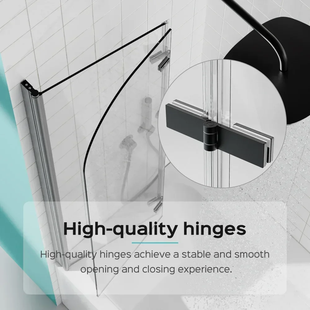 34" W x 58" H Frameless Folding Pivot Bathtub Door, 1/4" (6mm) Thick SGCC Clear Tempered Glass Door, Bathroom Pivot Bifold 4