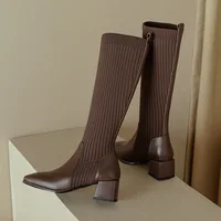 Women Knitted Long Boots  Autumn Winter New Knee High Socks Shoes Woman Fashion Slip on High Heels Retro Elastic Botas Mujer - Image 5